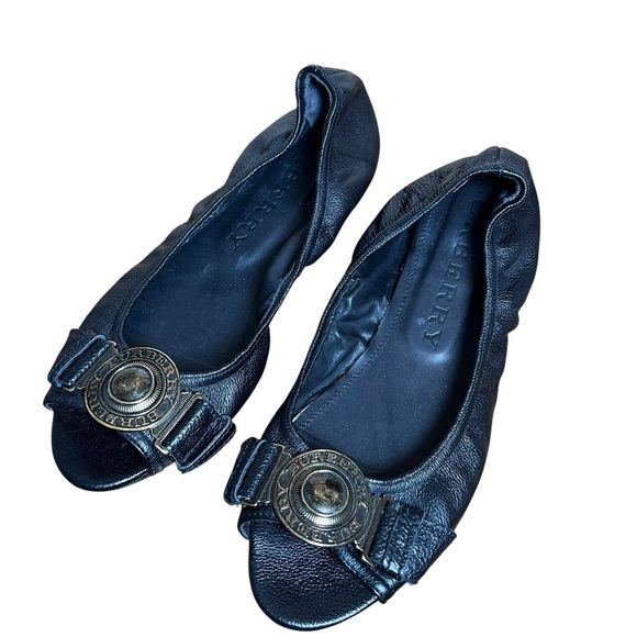 BURBERRY Medallion Ballet Flats Black Leather Peep Toe Shoes Italy Size 40 US 10 - Picture 1 of 14